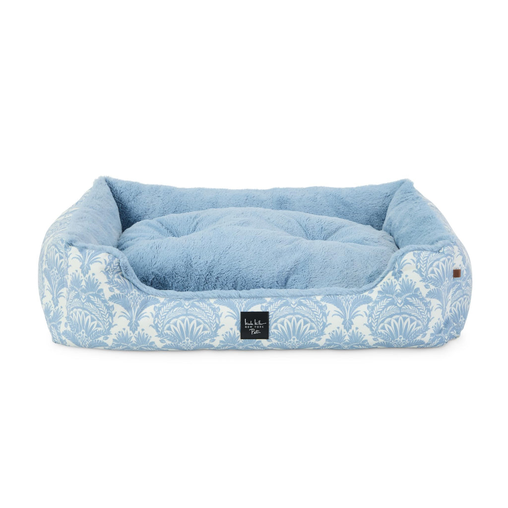 Nicole Miller New York PET Mod Damask Plushy Bolster Pet Bed Cozy & Calming Water Repellent Non-Slip Bottom Machine Washable Cover Blue Medium 30"x23"x8"
