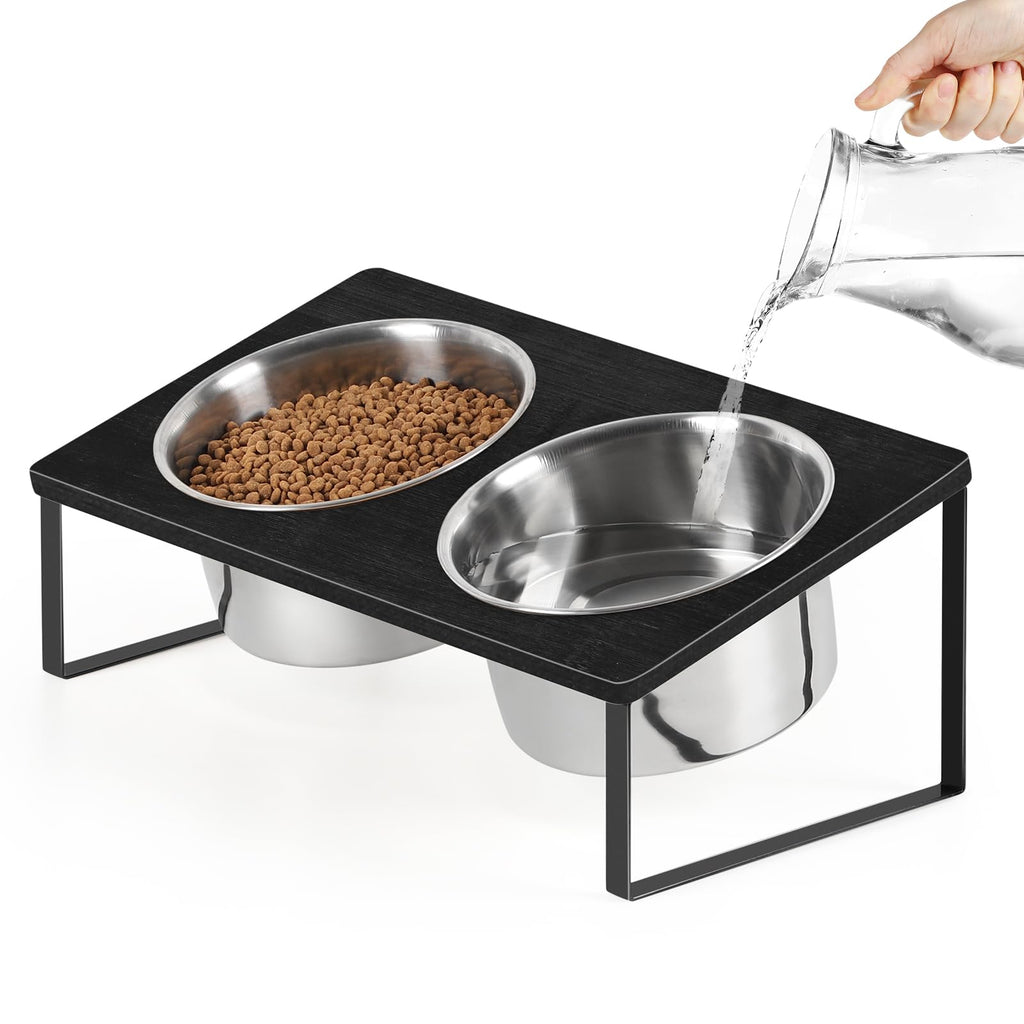 Elevated Dog Bowls Bamboo Dog Bowls Feeder Farmhouse Raised Dog Bowl Stand for Medium Large Dogs with 2 Stainless Steel Bowls and Non-Slip Feet Black
