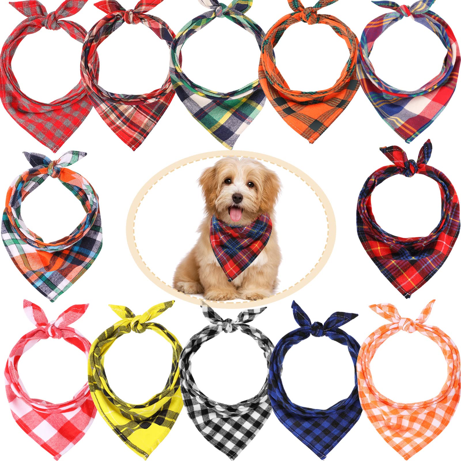 Syhood 12 Piece Dog Bandanas Plaid Dog Scarf Pet Triangle Bibs Adjustable Accessories Bulk Kerchief Buffalo Plaid Bandanas Decor for Small or Medium Cat Dog Pet (Lattice Graphic)
