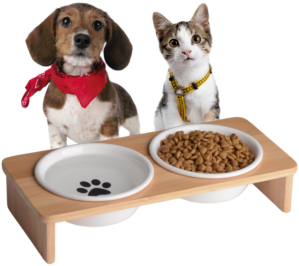 Clasin Home Elevated Dog Bowls Dog Feeding Station with 2 Ceramic Bowls for Small Size Dogs and Cats Bamboo Dog Food Bowl Stand for Food and Water No Assembly Cat Food Bowls Elevated